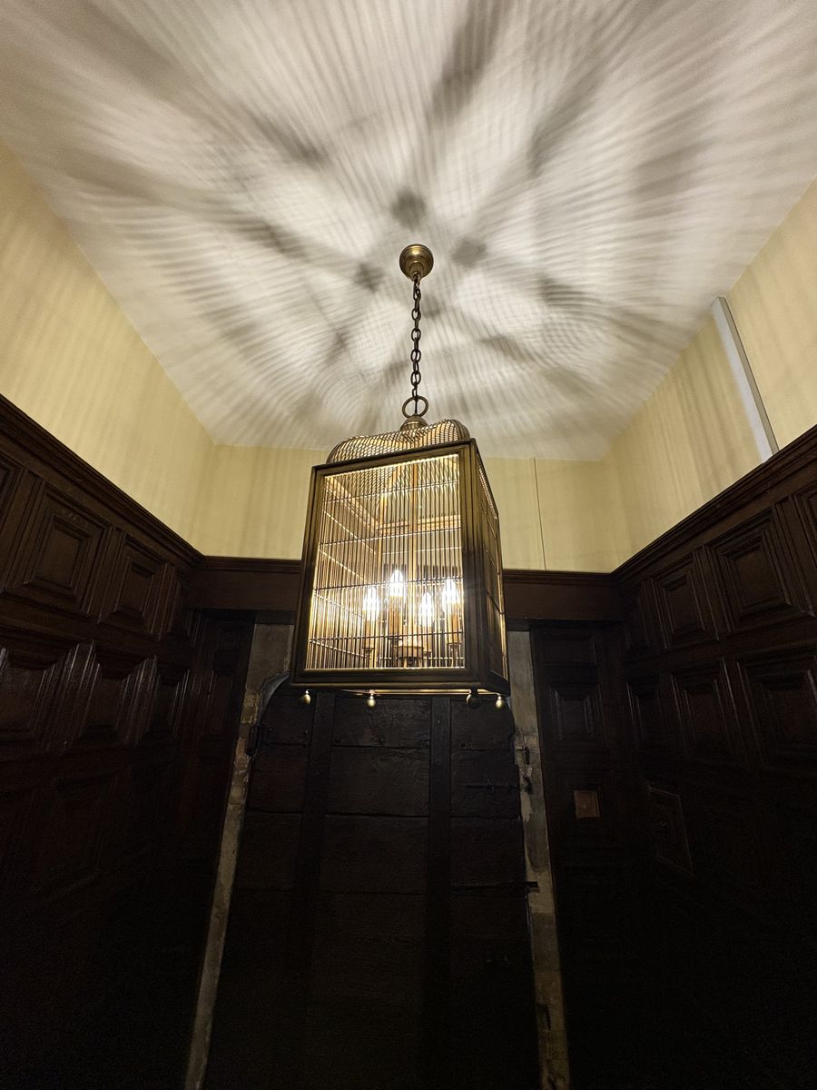 Caged lantern pendant light in an oak panelled period property in Bristol