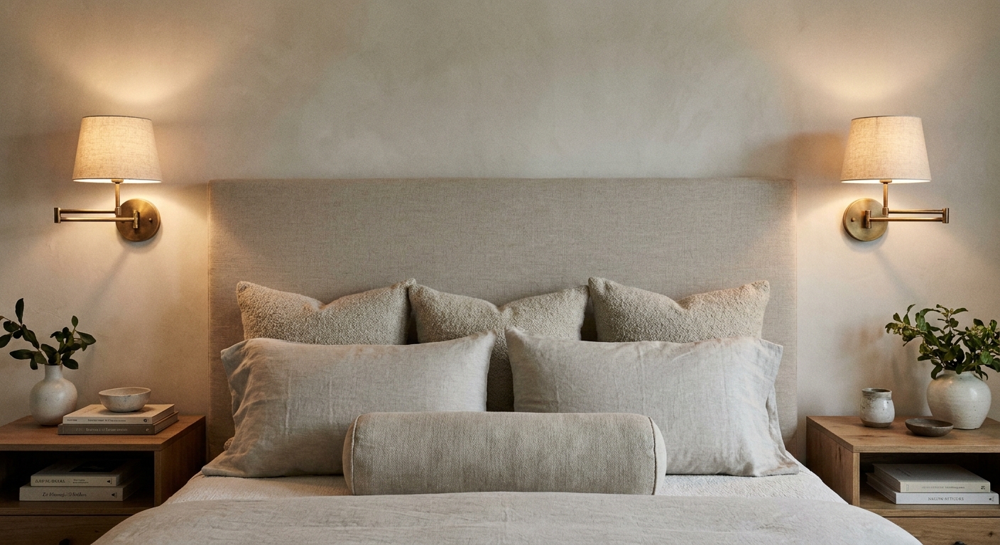 Brass wall sconces either side of a headboard