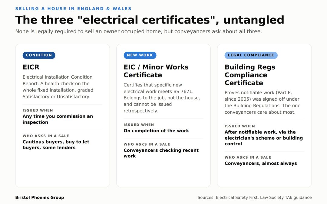 Comparison of the three electrical certificates involved in selling a house: EICR condition report, EIC or Minor Works Certificate for new work, and the Building Regulations Compliance Certificate for notifiable work under Part P