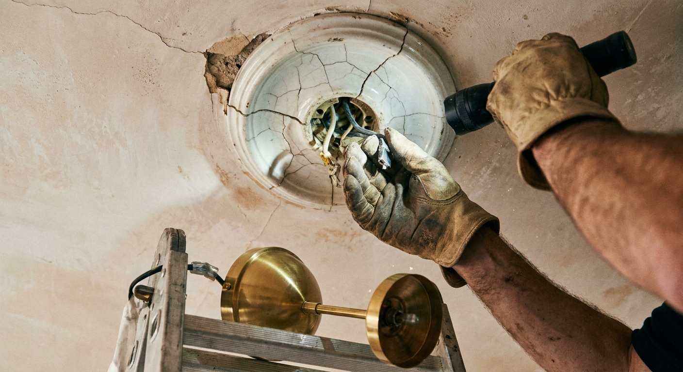 Electrician inspecting a cracked bedroom ceiling rose