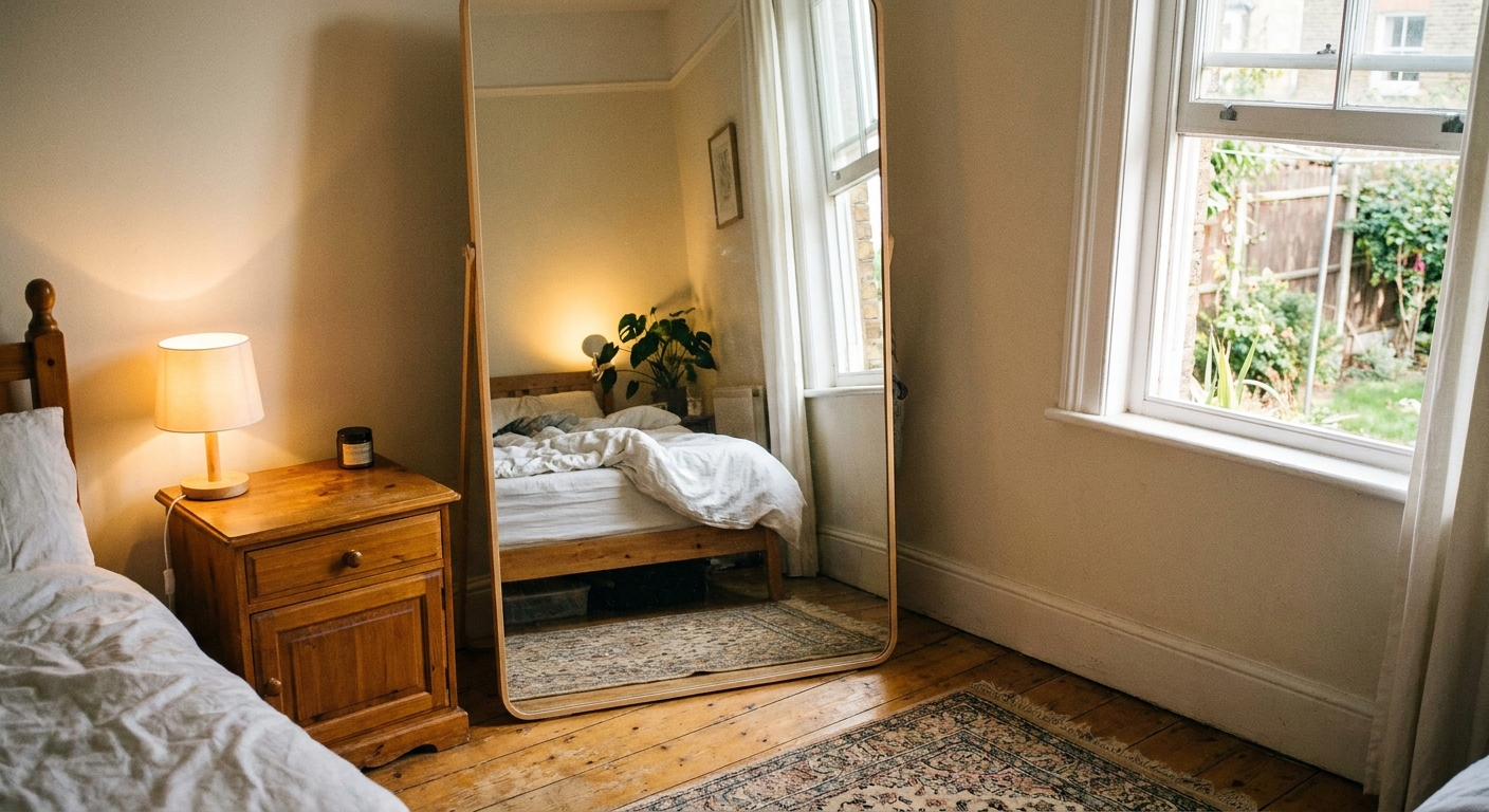 Full-length mirror reflecting daylight in a small bedroom