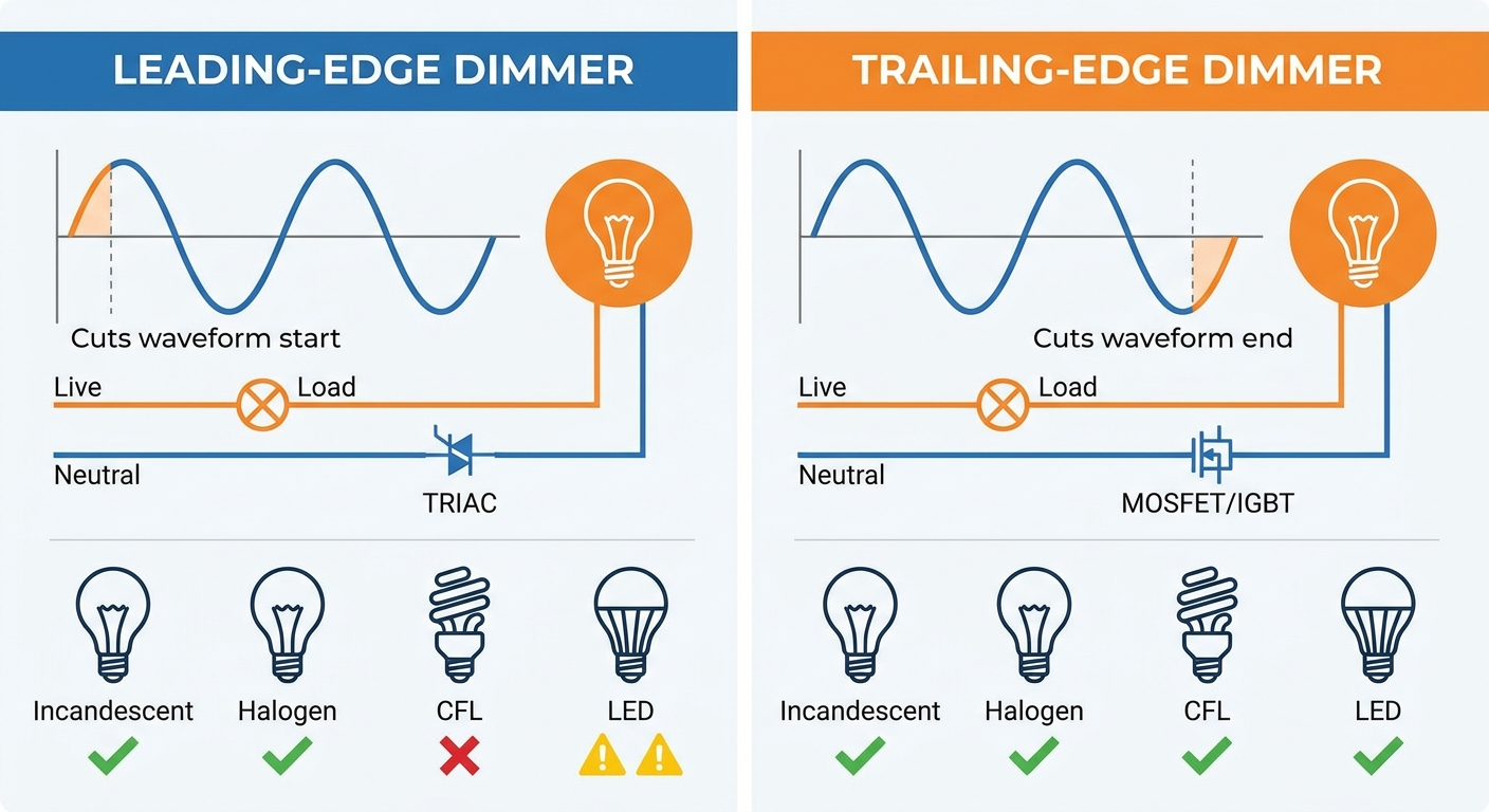 Infographic comparing leading-edge and trailing-edge dimmers