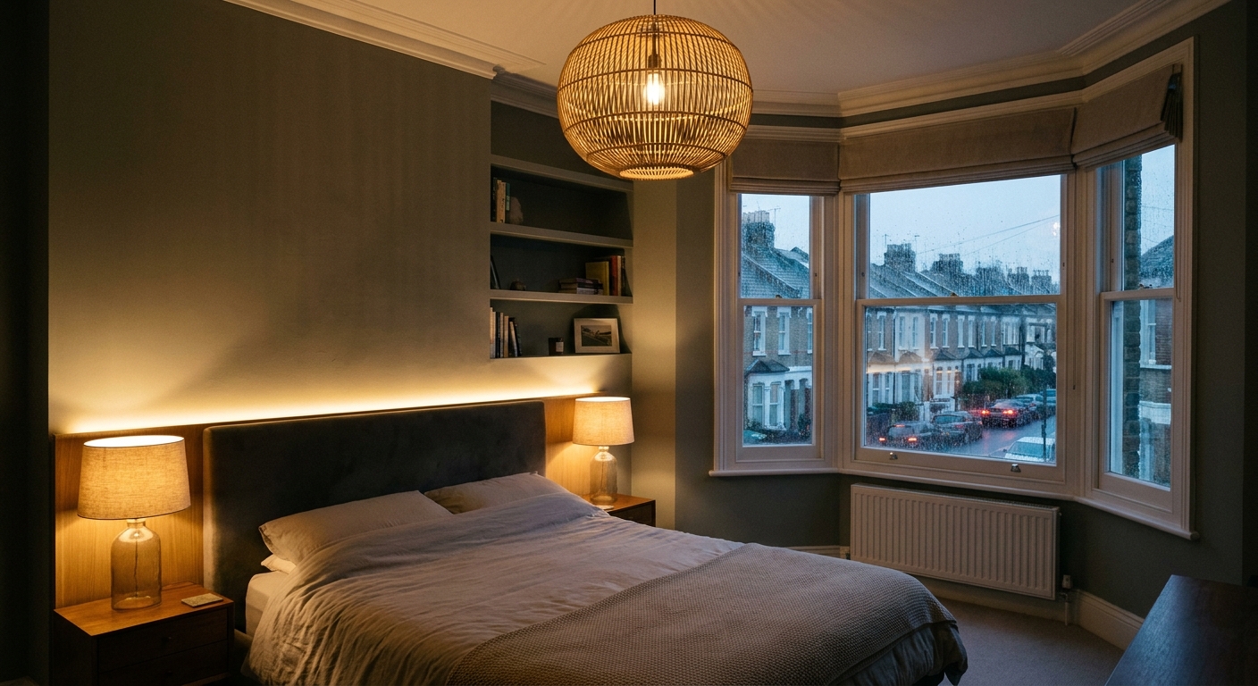 Modern UK bedroom at dusk with layered lighting