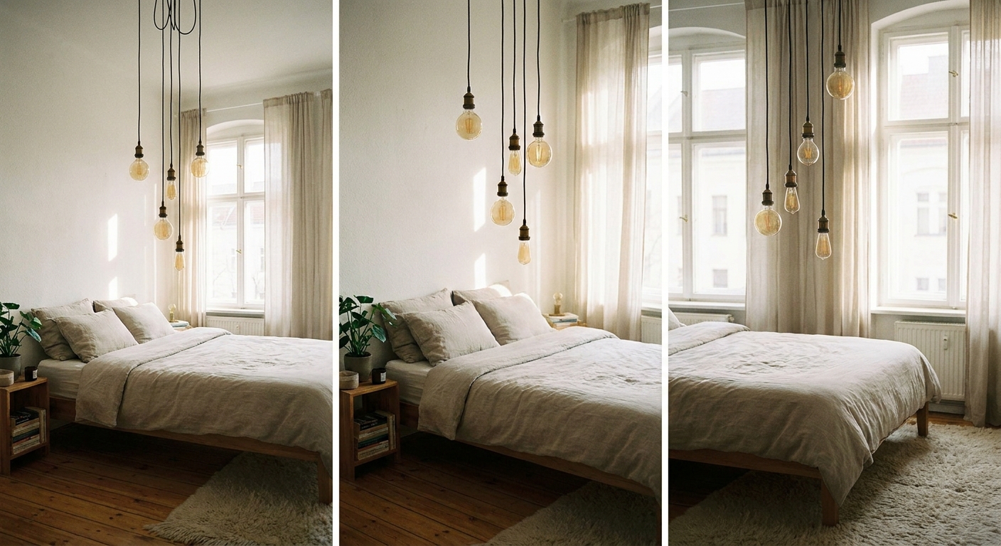 Multi-drop pendant cluster above a double bed