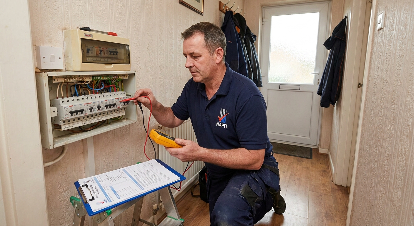 NAPIT electrician testing a consumer unit during EICR