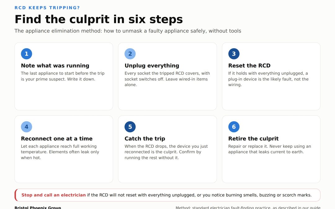 Infographic: find the culprit when an RCD keeps tripping, the six step appliance elimination method from Bristol Phoenix Group