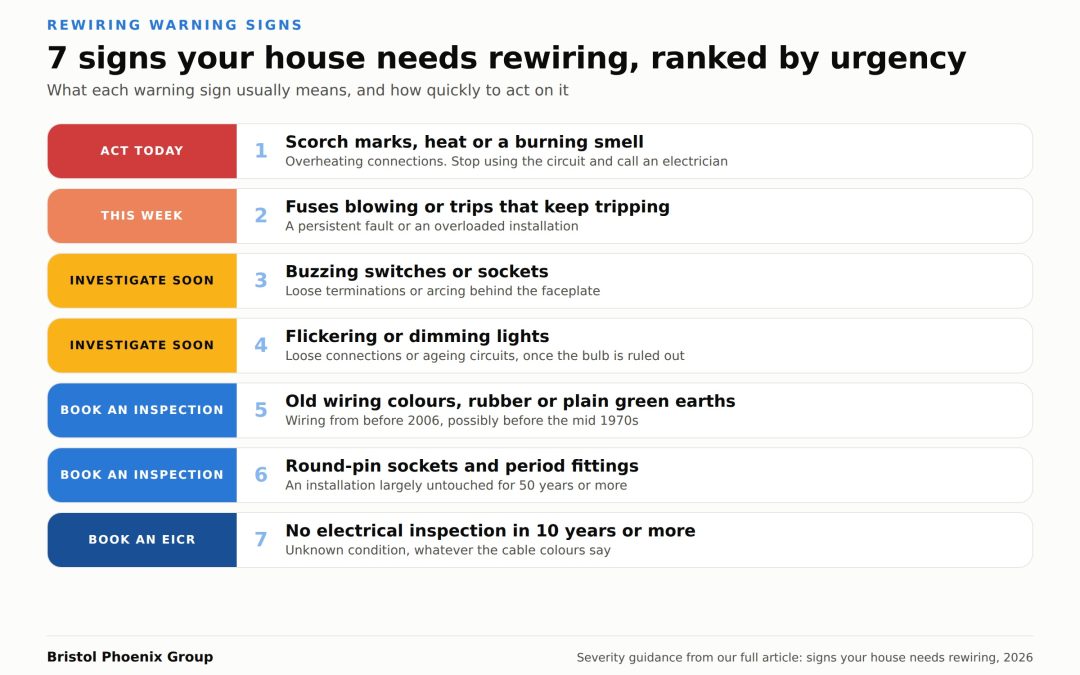 Infographic ranking the 7 signs your house needs rewiring by urgency, from scorch marks and burning smells at act today, through repeated tripping, buzzing and flickering, to old wiring colours, round-pin sockets and no inspection in 10 years