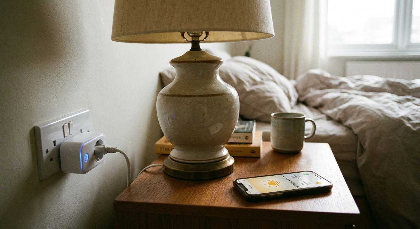 Smart plug adapter powering a bedside lamp