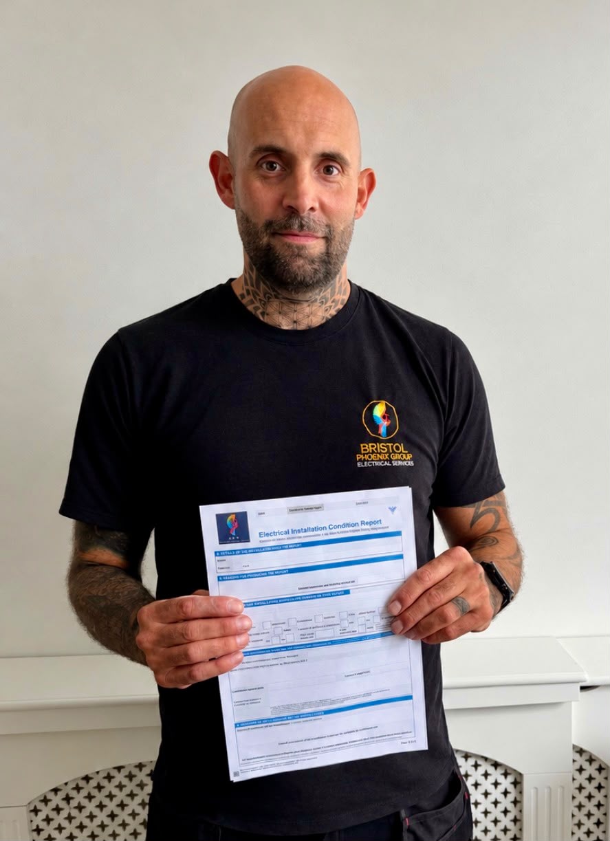 Bristol Phoenix Group electrician holding a completed EICR certificate