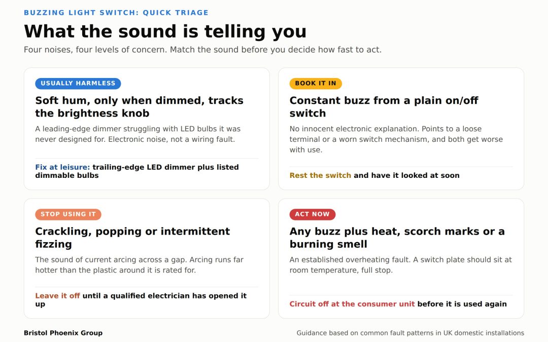 Infographic triaging buzzing light switch sounds into four risk levels, from harmless dimmer hum to urgent overheating fault