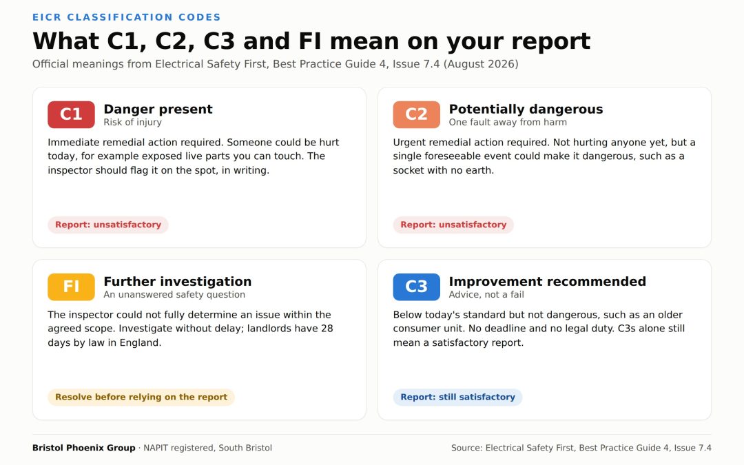 Infographic explaining the four EICR classification codes: C1 danger present, C2 potentially dangerous, FI further investigation and C3 improvement recommended, with the effect of each on the report result