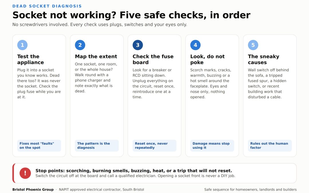 Infographic listing five safe checks in order for a socket not working: test the appliance, map the extent, check the fuse board, look without opening anything, and check hidden causes, with stop points for calling an electrician