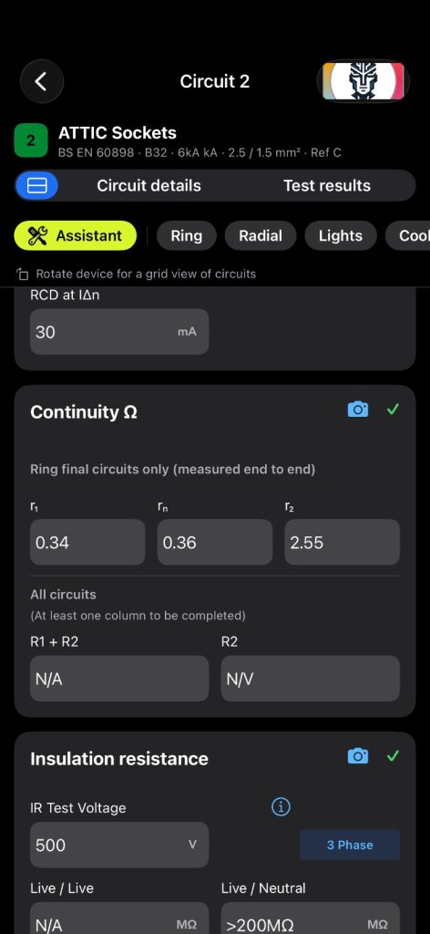 Recorded EICR test results for a socket circuit in a Bedminster house: ring continuity and insulation resistance readings